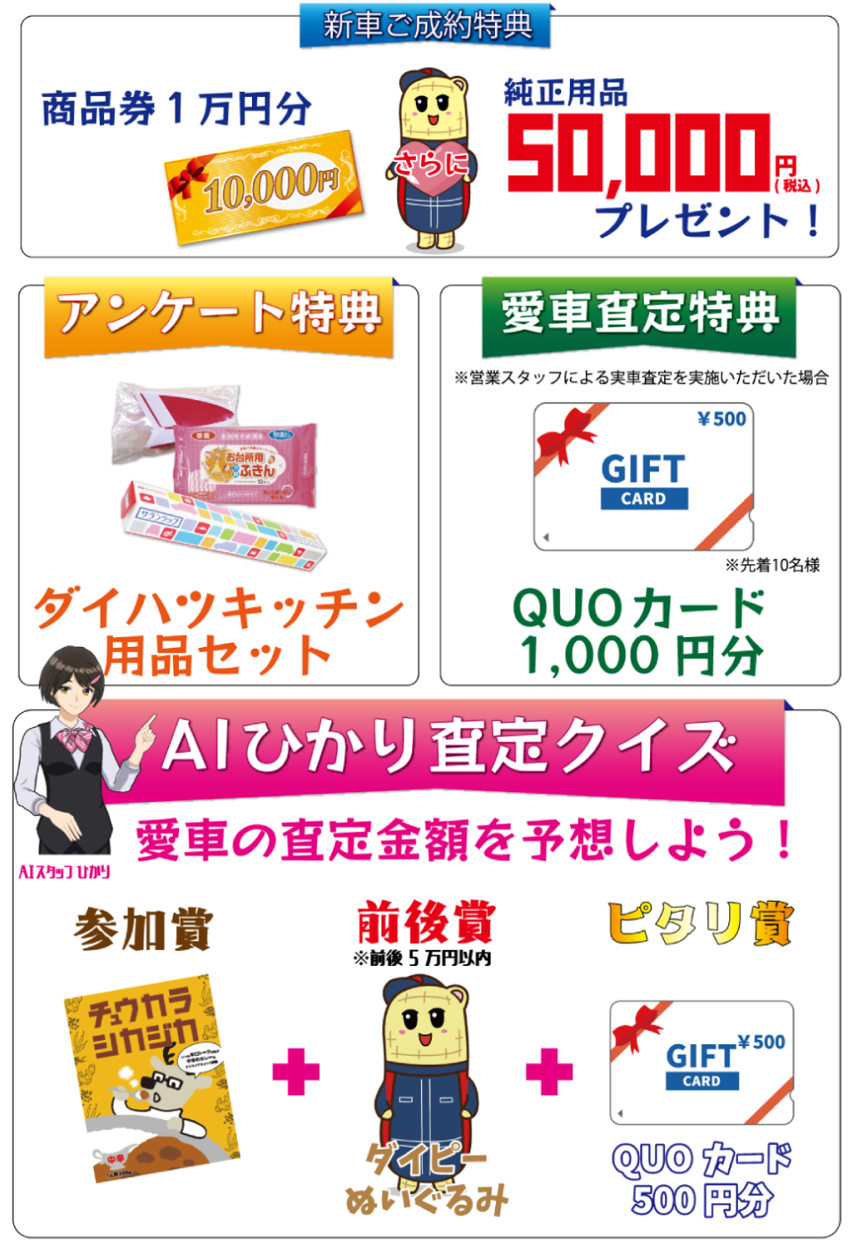 新車ご成約特典 商品券1万円分＆純正用品5万円(税込)プレゼント！アンケート特典、愛車査定特典、AIひかり査定クイズ